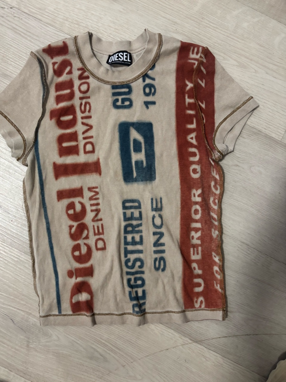 Diesel Beige Tee with Red and Blue Graphic Print